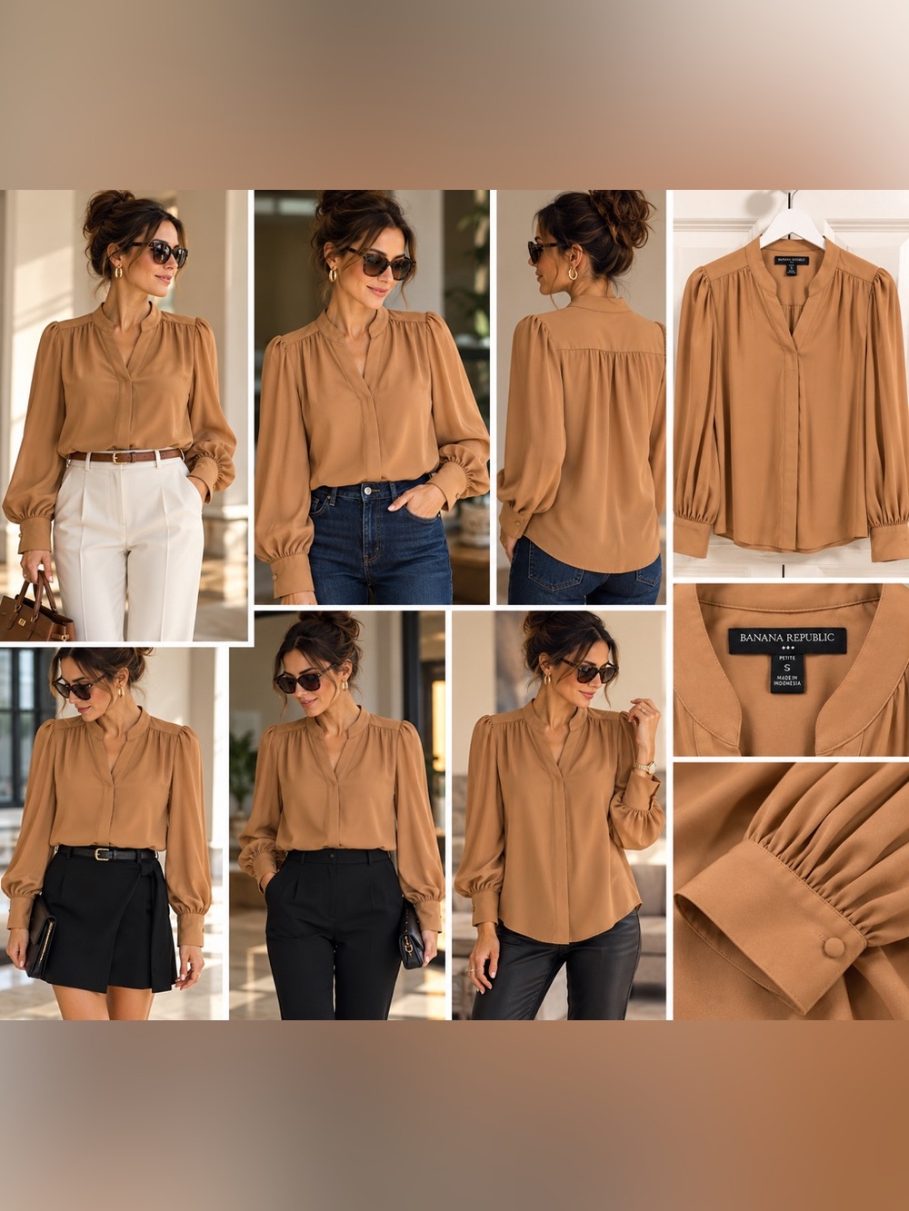 Banana Republic Camel Brown V-Neck Balloon-Sleeve Blouse